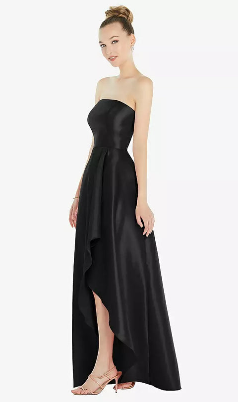 Alfred Sung D832 Strapless Satin Gown With Draped Front Slit And Pockets
