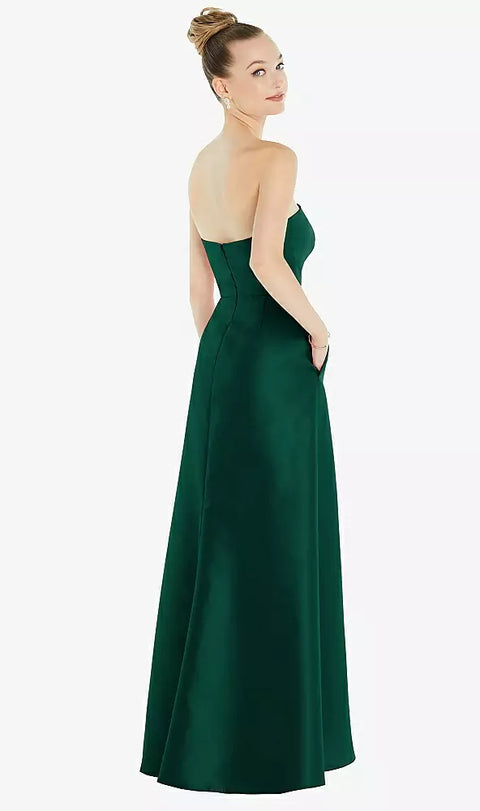Alfred Sung D832 Strapless Satin Gown With Draped Front Slit And Pockets