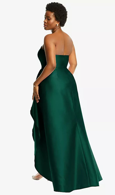 Alfred Sung D832 Strapless Satin Gown With Draped Front Slit And Pockets