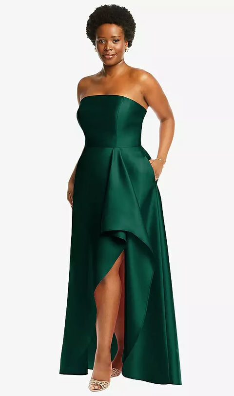 Alfred Sung D832 Strapless Satin Gown With Draped Front Slit And Pockets