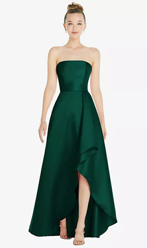 Alfred Sung D832 Strapless Satin Gown With Draped Front Slit And Pockets