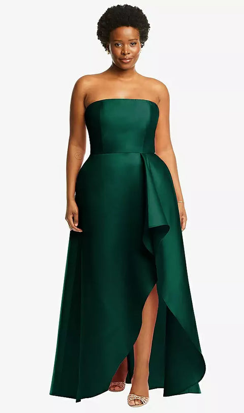 Alfred Sung D832 Strapless Satin Gown With Draped Front Slit And Pockets
