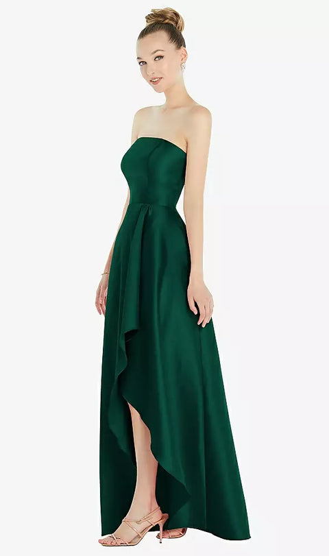 Alfred Sung D832 Strapless Satin Gown With Draped Front Slit And Pockets