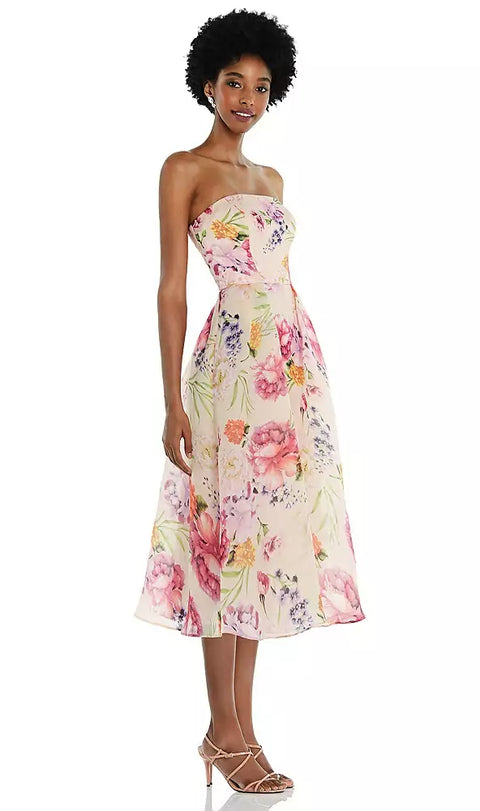 Alfred Sung D834fp Strapless Pink Floral Organdy Midi Dress