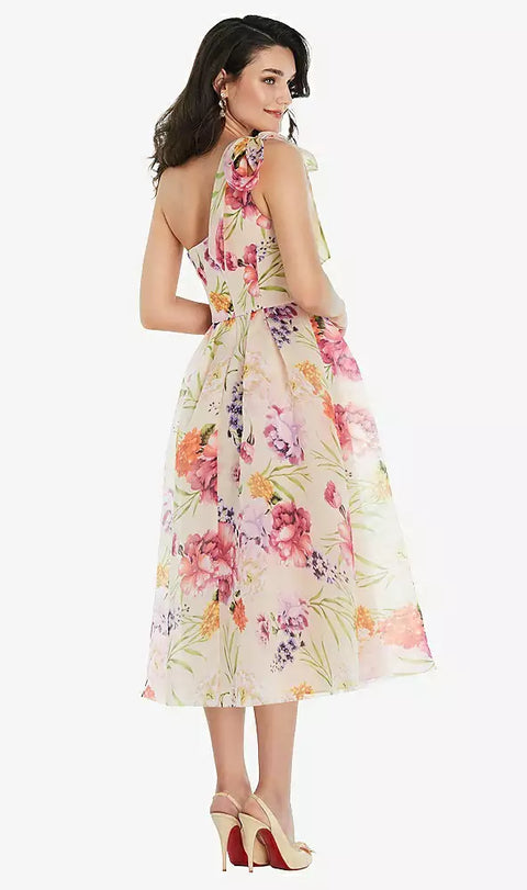 Alfred Sung D835fp Scarf-tie One-shoulder Pink Floral Organdy Midi Dress