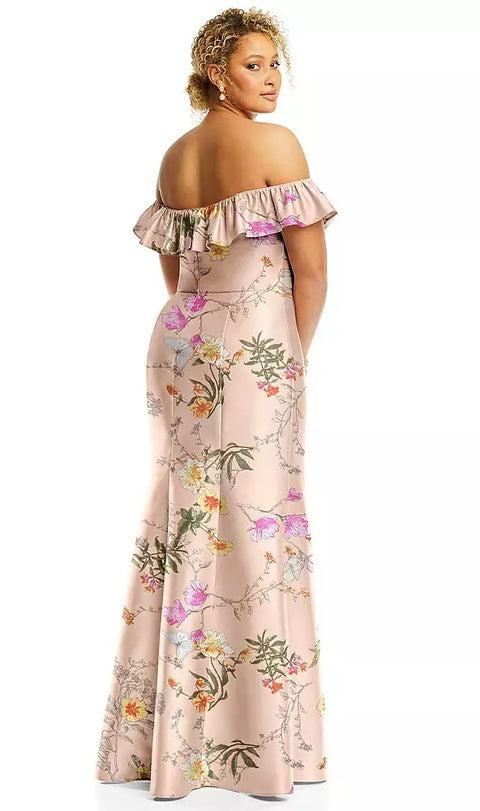 Alfred Sung D836fp Off-the-shoulder Ruffle Neck Floral Satin Trumpet Gown