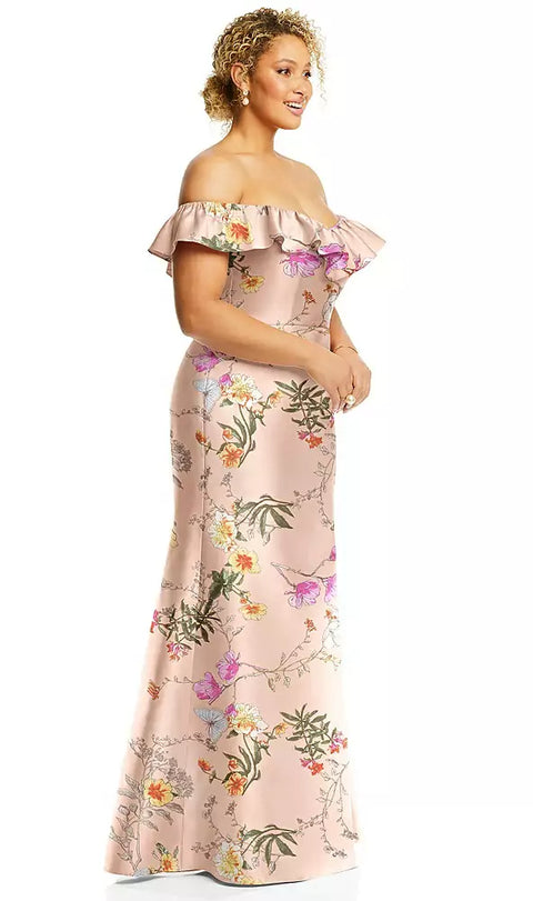 Alfred Sung D836fp Off-the-shoulder Ruffle Neck Floral Satin Trumpet Gown