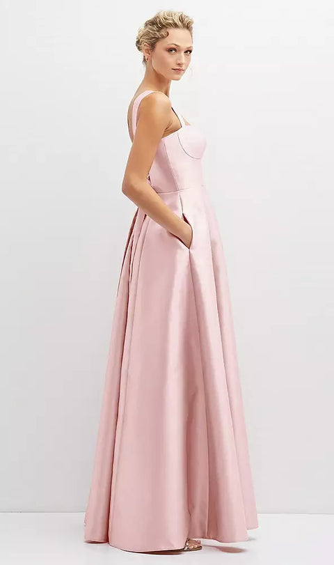 Alfred Sung D852 Lace-up Back Bustier Satin Dress With Full Skirt And Pockets