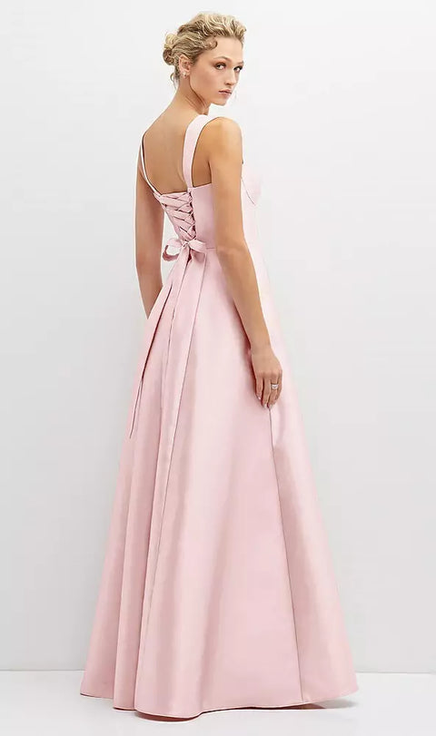 Alfred Sung D852 Lace-up Back Bustier Satin Dress With Full Skirt And Pockets