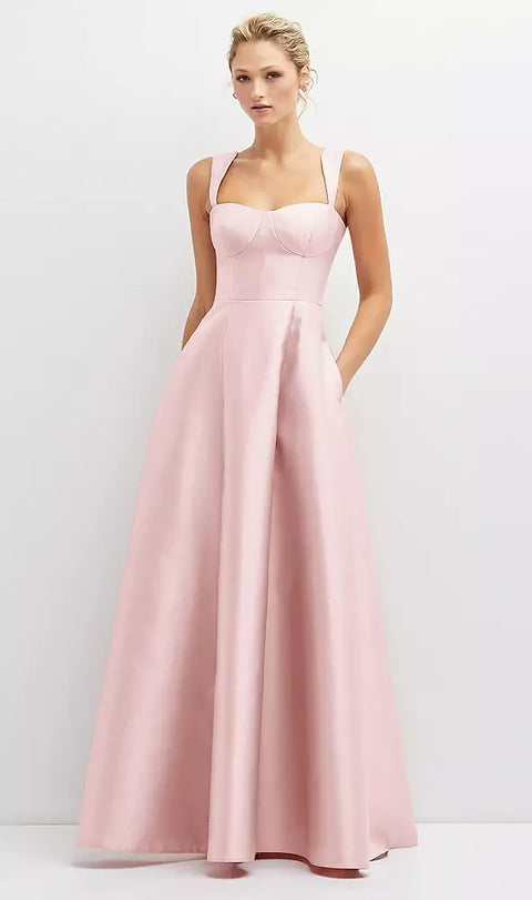 Alfred Sung D852 Lace-up Back Bustier Satin Dress With Full Skirt And Pockets