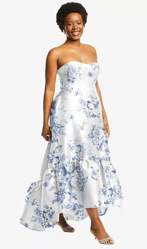 Alfred Sung D838fp Strapless Floral High-low Ruffle Hem Maxi Dress With Pockets