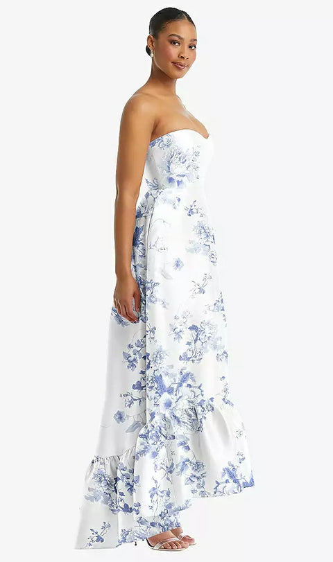 Alfred Sung D838fp Strapless Floral High-low Ruffle Hem Maxi Dress With Pockets