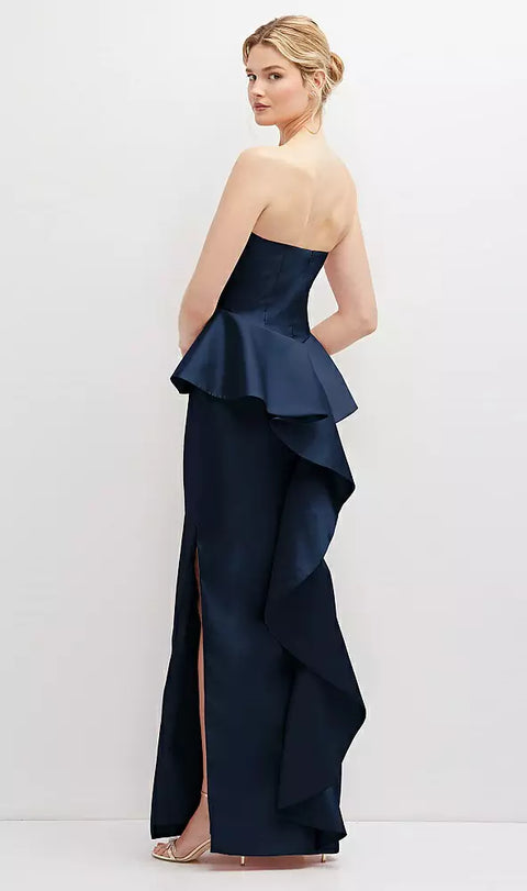 Alfred Sung D858 Strapless Satin Maxi Dress With Cascade Ruffle Peplum Detail