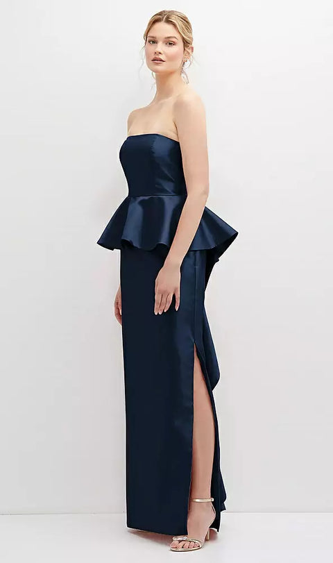 Alfred Sung D858 Strapless Satin Maxi Dress With Cascade Ruffle Peplum Detail