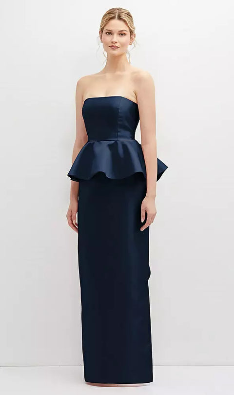 Alfred Sung D858 Strapless Satin Maxi Dress With Cascade Ruffle Peplum Detail