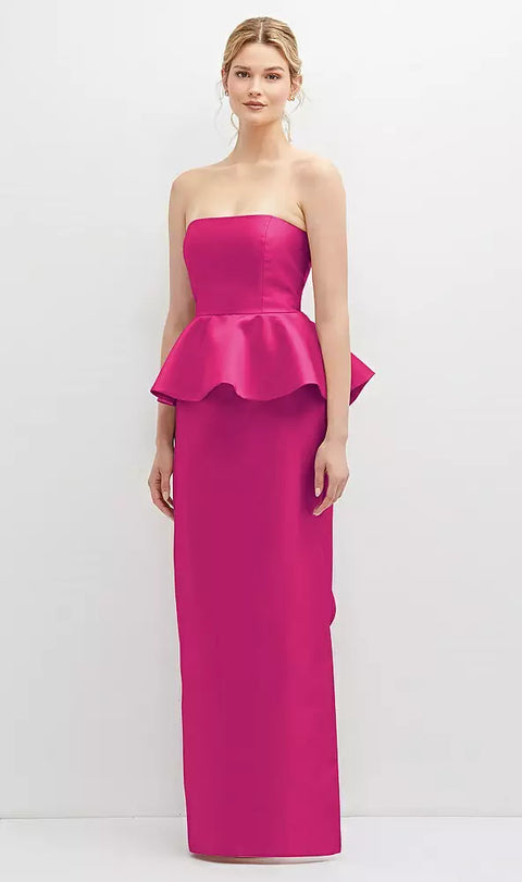 Alfred Sung D858 Strapless Satin Maxi Dress With Cascade Ruffle Peplum Detail