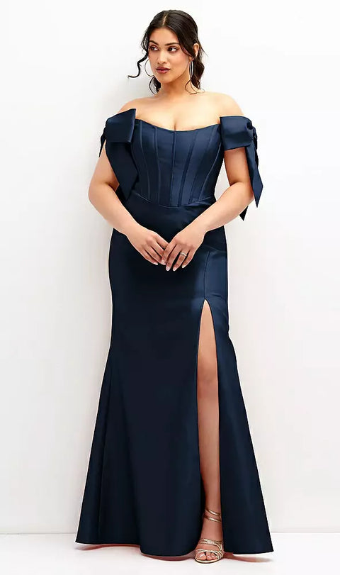 Alfred Sung D854 Off-the-shoulder Bow Satin Corset Dress With Fit And Flare Skirt