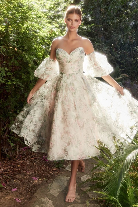 Andrea & Leo A1196 Organza Sweetheart Neckline Puff Sleeves Tea Length Gown