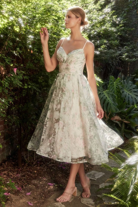 Andrea & Leo A1196 Organza Sweetheart Neckline Puff Sleeves Tea Length Gown