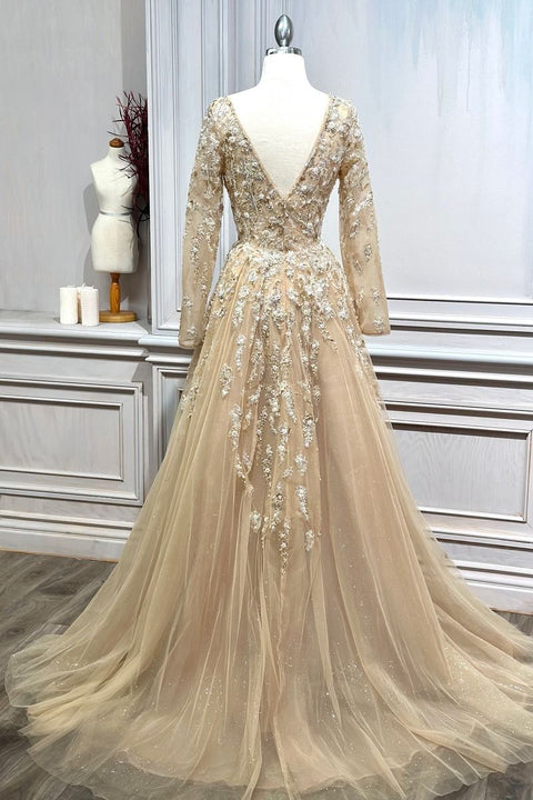 Andrea & Leo A1215 Beaded V-Neck Long Sleeve A-line Gown