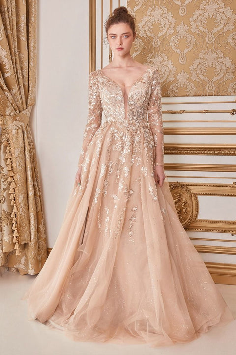 Andrea & Leo A1215 Beaded V-Neck Long Sleeve A-line Gown