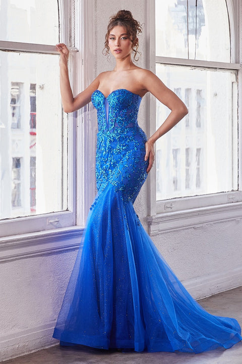 Ladivine - CB139 Floral Sequin Plunging Neckline Gown