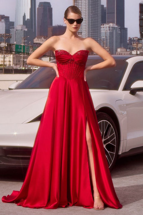 Ladivine - CD297 Strapless Beaded Satin A-Line Dress