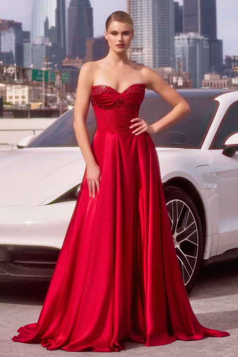 Ladivine - CD297 Strapless Beaded Satin A-Line Dress