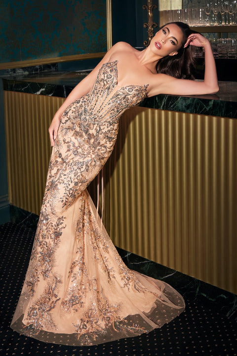 Ladivine - CD723 Floral Sequin Plunging Neckline Gown