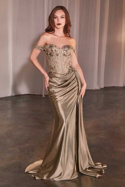 Ladivine - CD803 Off the Shoulder Lace & Satin Fitted Gown