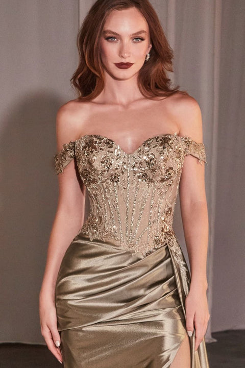 Ladivine - CD803 Off the Shoulder Lace & Satin Fitted Gown