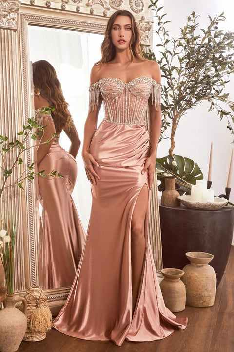 Ladivine - CD821 Embellished Off the Shoulder Satin Gown