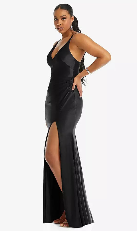 Cynthia & Sahar Cs103 Deep V-neck Stretch Satin Mermaid Dress With Slight Train