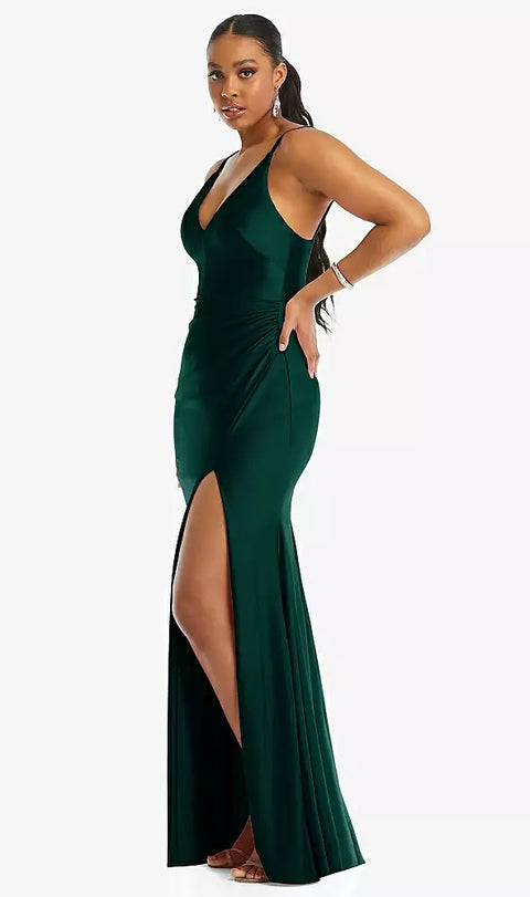 Cynthia & Sahar Cs103 Deep V-neck Stretch Satin Mermaid Dress With Slight Train