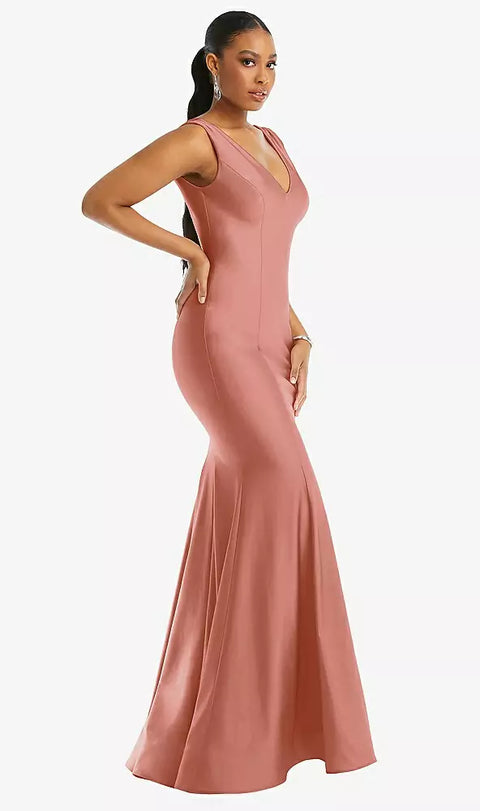 Cynthia & Sahar Cs100 Shirred Shoulder Stretch Satin Mermaid Dress With Slight Train