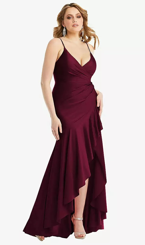 Cynthia & Sahar Cs111 Pleated Wrap Ruffled High Low Stretch Satin Gown With Slight Train