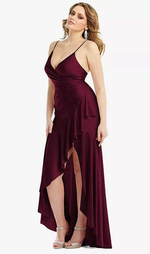 Cynthia & Sahar Cs111 Pleated Wrap Ruffled High Low Stretch Satin Gown With Slight Train