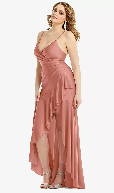 Cynthia & Sahar Cs111 Pleated Wrap Ruffled High Low Stretch Satin Gown With Slight Train