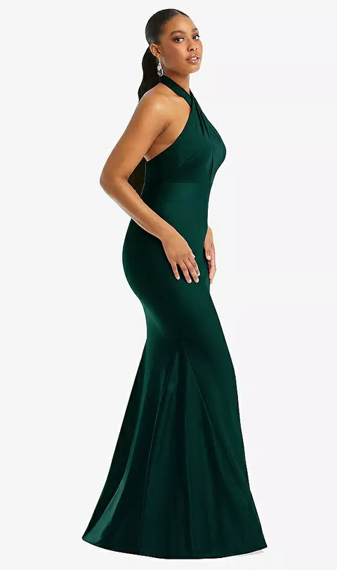 Cynthia & Sahar Cs112 Criss Cross Halter Open-back Stretch Satin Mermaid Dress