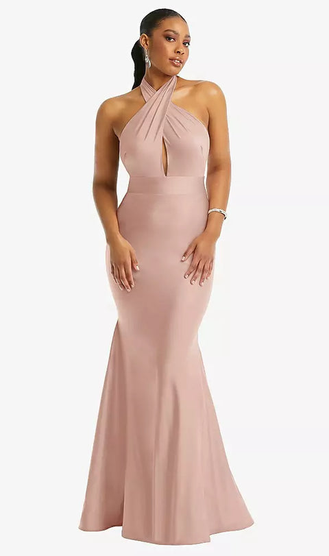 Cynthia & Sahar Cs112 Criss Cross Halter Open-back Stretch Satin Mermaid Dress