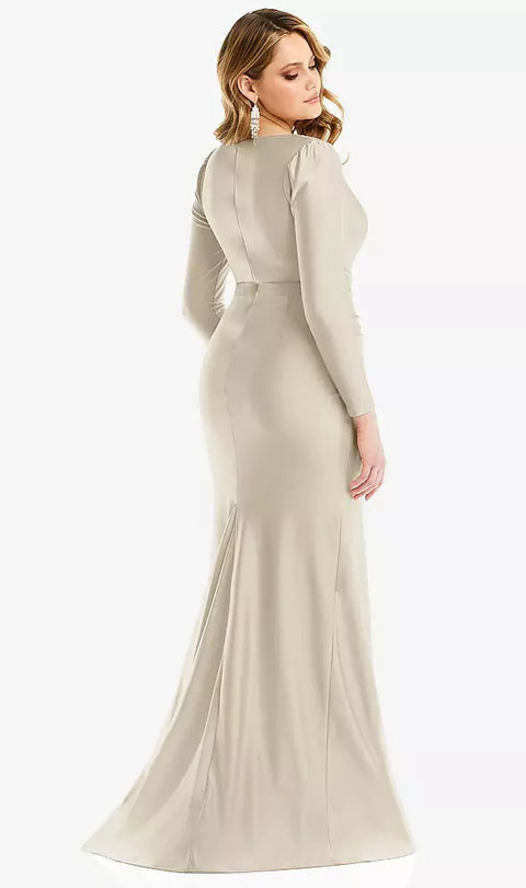 Cynthia & Sahar Cs102 Long Sleeve Draped Wrap Stretch Satin Mermaid Dress With Slight Train