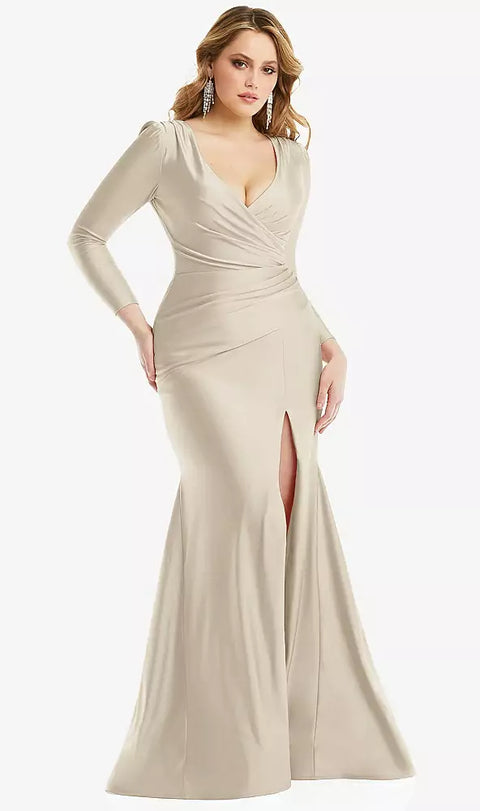 Cynthia & Sahar Cs102 Long Sleeve Draped Wrap Stretch Satin Mermaid Dress With Slight Train