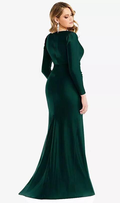 Cynthia & Sahar Cs102 Long Sleeve Draped Wrap Stretch Satin Mermaid Dress With Slight Train