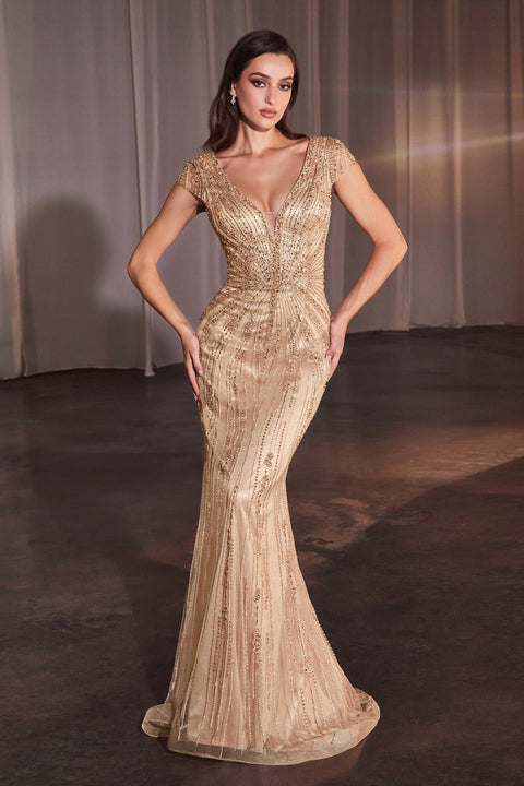 Ladivine - CZ0029 Plunging Neckline Gown