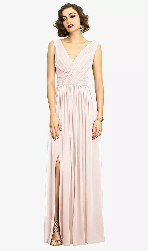 Dessy 2894 Sleeveless Draped Chiffon Maxi Dress With Front Slit