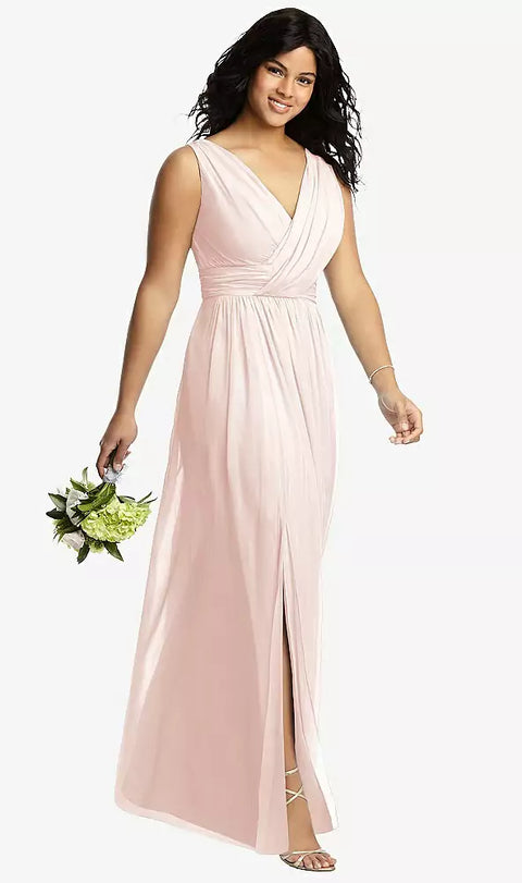 Dessy 2894 Sleeveless Draped Chiffon Maxi Dress With Front Slit