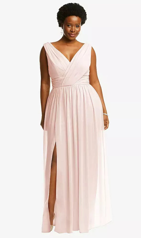 Dessy 2894 Sleeveless Draped Chiffon Maxi Dress With Front Slit