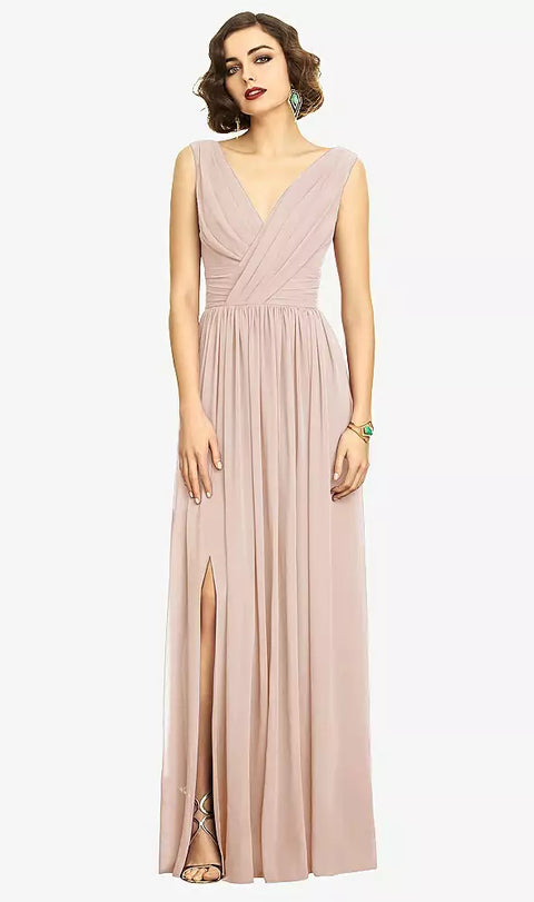 Dessy 2894 Sleeveless Draped Chiffon Maxi Dress With Front Slit