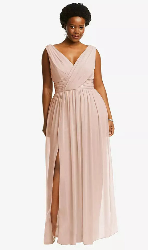 Dessy 2894 Sleeveless Draped Chiffon Maxi Dress With Front Slit