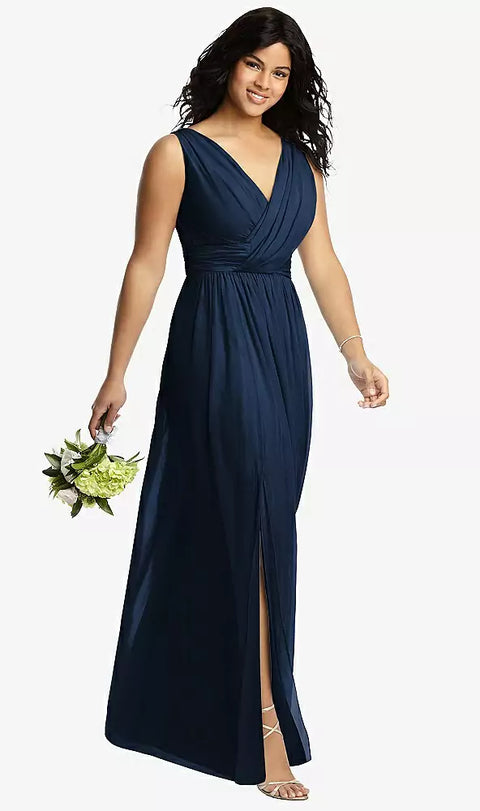 Dessy 2894 Sleeveless Draped Chiffon Maxi Dress With Front Slit